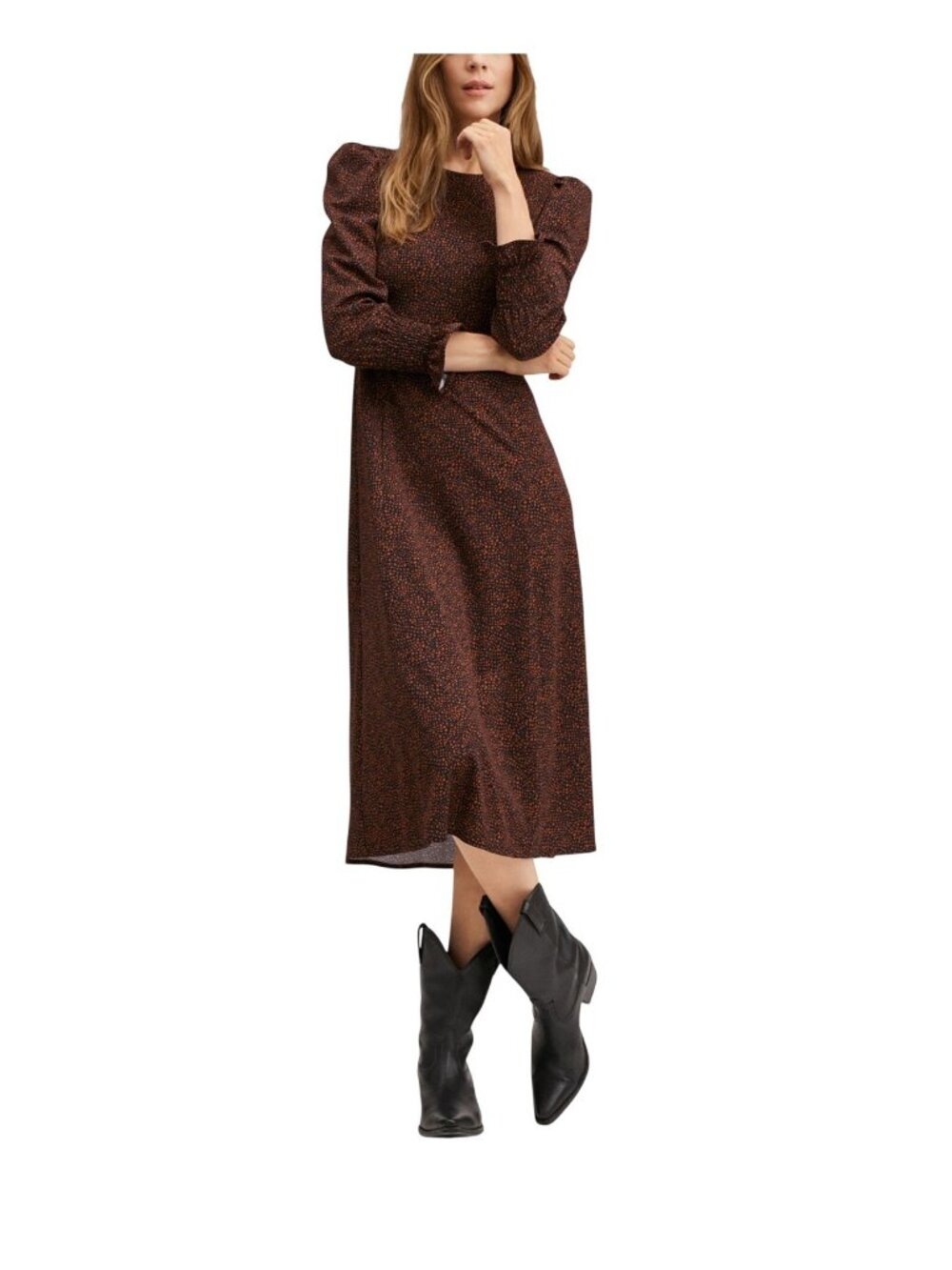 NWT Mango Smocked Printed Balloon Sleeve Sheath Dress Black / Brown Multi 16